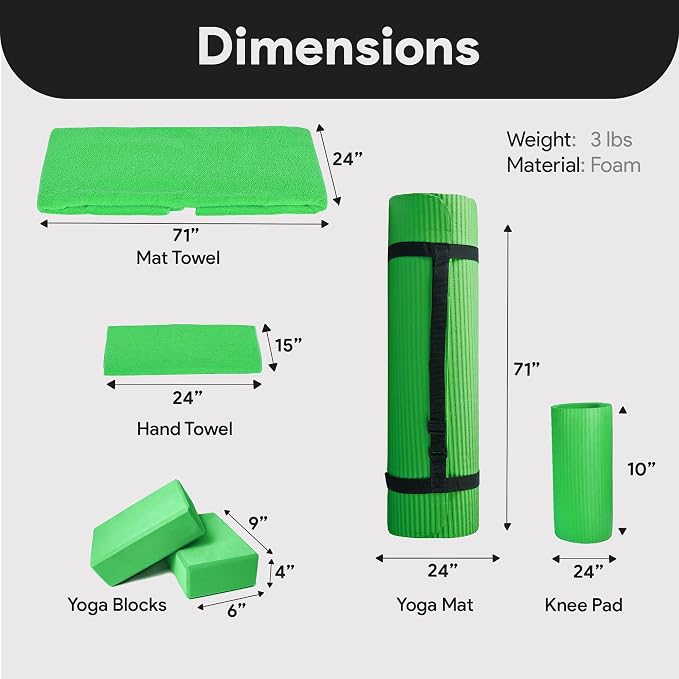 BalanceFrom 7-Piece Yoga Set with 71x24x0.5 Inches Extra Thick Mat and Carrying Sling – Includes 2 Blocks, Stretch Strap, 2 Towels, and Knee Pad for Home, Studio, and Gym Workouts