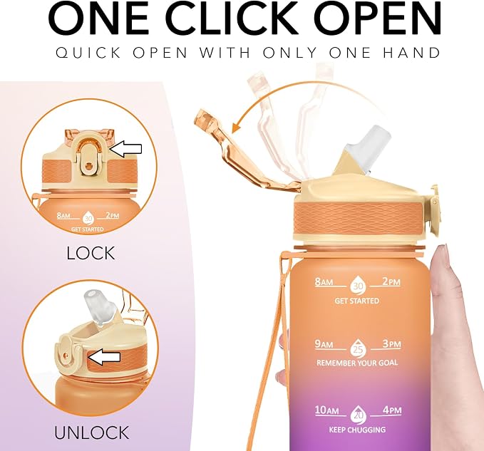 Hyeta Plastic Water Bottle With Straw & Time Marker, 32oz Leakproof Jug | Motivational Tritan BPA Free Gym Office Outdoor Intake Tracker Hourly Reminder Straw Lid Lightweight