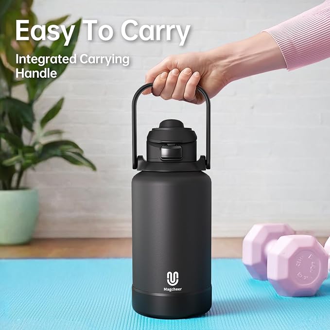 64oz Insulated Magnetic Water Bottle - Stainless Steel Vacuum Flask with MagSafe Compatible Phone Holder Keeps Drinks Cold for 24 Hours Water Jug for Gym and Outdoor Activities（Balck)