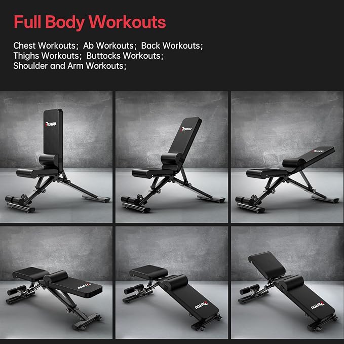 PASYOU Adjustable Weight Bench, 660LB Foldable Workout Bench for Home Gym, Incline Flat Bench Press for Full Body Workout, Dual-Frame Strength Training Bench, No Assembly Required