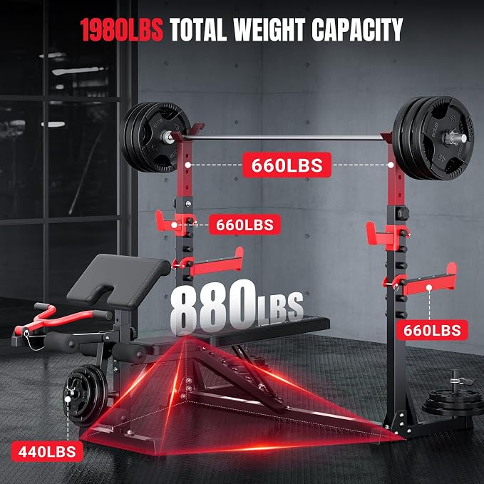 YOLEO Weight Bench with Rack - Bench Press Set, Leg Extension, Preacher Curl & Flat/Incline/Decline Full Body Workout Bench, Adjustable Olympic Weight Benches for Home Gym(47.44IN WIDE GRIP)
