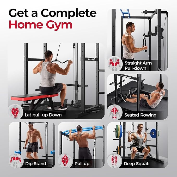 SPORTSROYALS Power Rack, Multi-Functional Power Cage, Squat Rack with Pulley System & LAT Pull Down, Workout Cage with J Hooks for Home Gym