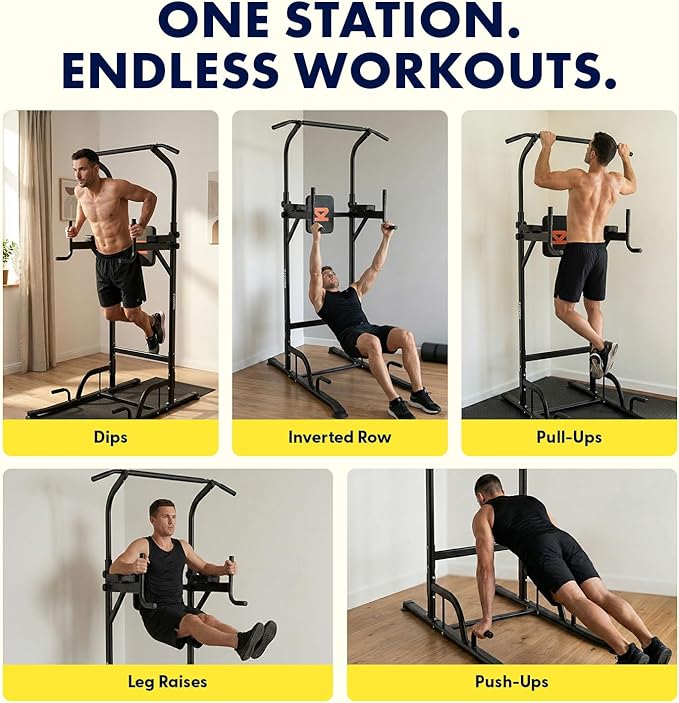 Power Tower Pull Up Station with Free Standing Pull Up Bar, Multi-Grip Workout Frame with 6 Adjustable Heights, H-Base Stability, Steel Construction, 330 lb Capacity for Home Gym, Black