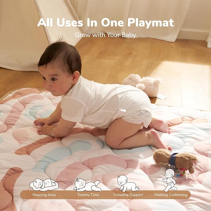 Momcozy Baby Play Mat for Floor, 50"x50" Thickened Playpen Mat | Playmate for Baby Tummy Time, Waterproof & Non-Slip, Foldable Outdoor Mat with Carrying Handle, Happy Doodles