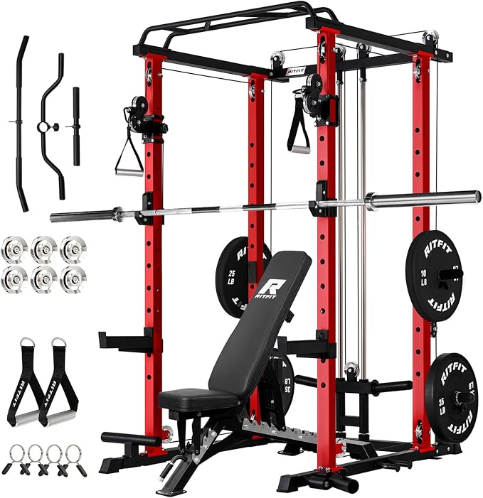 RitFit PPC-P3 Power Cage with Cable Crossover System, 1200LB Capacity | LAT Pulldown & Cable Crossover System with Bumper Plate Set, Olympic Barbell, Bench