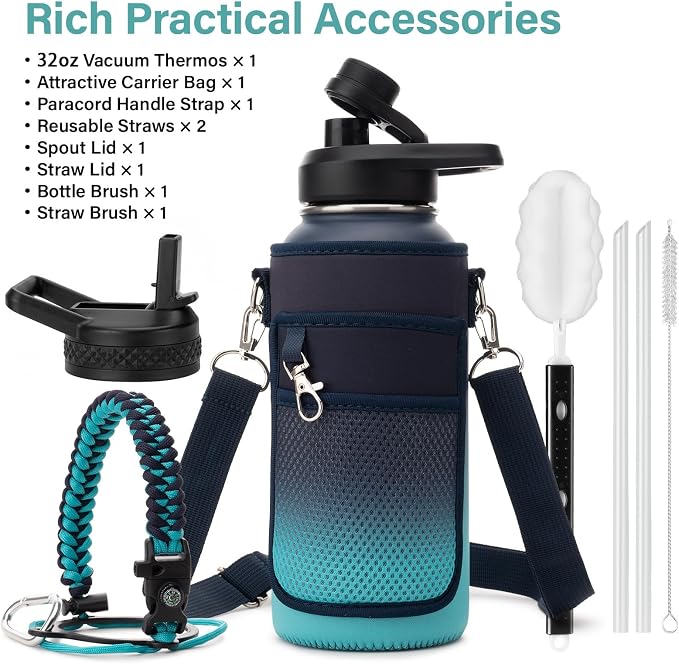 DYSANKY Insulated Water Bottle | Thickened Stainless Steel Vacuum Metal | Portable Sports Water Jug for Gym and Hiking with Straw, Carrier Bag, Handle Strap | BPA-Free 32 oz
