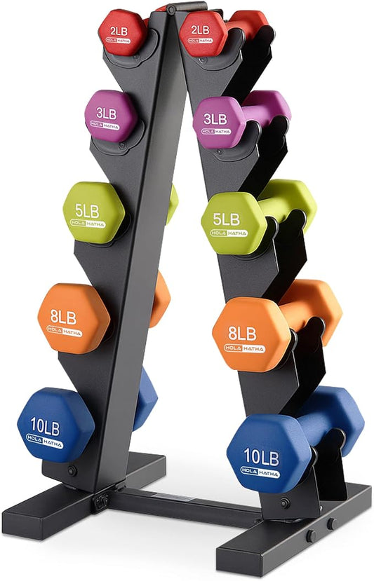 HolaHatha 1, 2 and 3 lb Neoprene Dumbbell Strength Training Weight Set with Rack