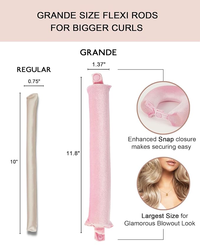 Grande Heatless Curls Overnight Rods - Upgraded Directional Grip Velvet - No Heat Hair Curlers to Sleep, Jumbo Large Hair Rollers Flexible Curling Rods Set for Long Thicker Coarser Hair Blowout Look