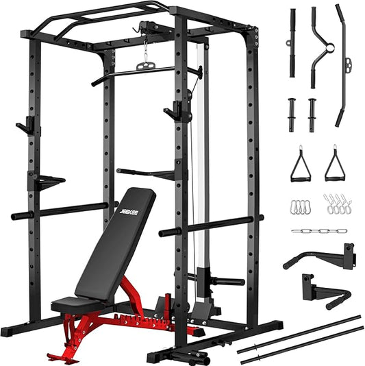 JEEKEE Power Rack with LAT Pulldown, 2000LBS Power Cage with Cable System, Multi-Function Squat Rack with J-Hooks, Safety Bars, Landmine, Pull Up Bar & Attachments for Home Gym Strength Training,Black