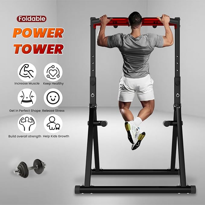 WATBKHE Power Tower Pull Up Dip Station Foldable, Pull Up Bar Station Adjustable, Multi-Function Home Gym, Strength Training Fitness Equipment, Triangular Design, for Home Outdoor