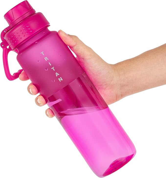 OLDLEY 32 oz Water Bottle with Handle, BPA-Free Tritan Reusable Sports Water Bottle with Leak-Proof Dust Lid, Wide Mouth, Cup Holder Friendly, Half Frosted Clear Bottle for Gym, Travel, Work,Hot Pink