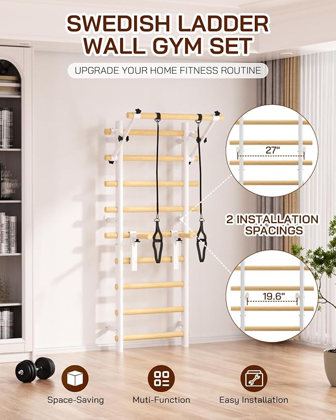 Swedish Ladder Wall Gym, Wooden Wall-Mounted Stall Bars with Pull-up Bar & Exercise Straps & Dip Bars, Stretching Ladder Full Body Home Gym Adults New