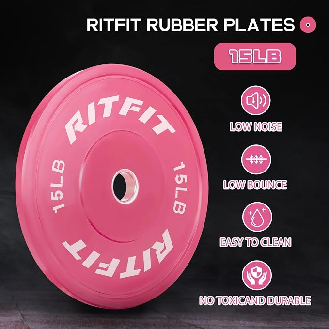 RITFIT Pink Olympic Bumper Plates with Steel Insert for Home Gym | High-Density Rubber with Low Bounce, 2-Inch Olympic Bore with Steel Insert, Pink Color for Strength Training