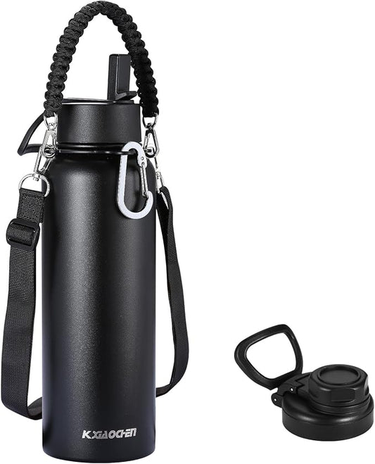KXIAOCHEN Insulated Water Bottle with Strap, 48-Hour Cold, 2 Lids | Triple-wall insulation, lead-free 18/8 Stainless steel, paracord handle, carabiner clip, for gym, hiking, camping and travel