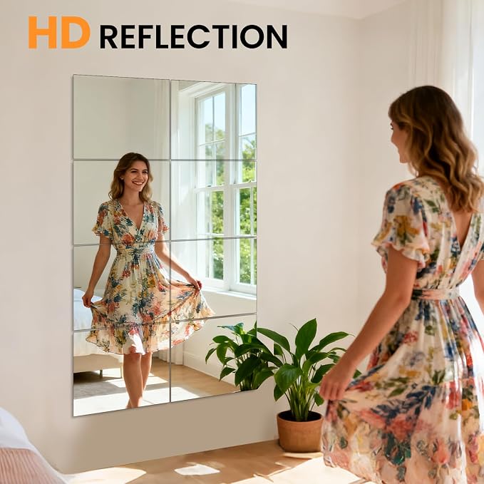 Full Length Wall Mirror Tiles, HD Glass Home Gym Mirror, 12Pcs 12"x10" Wall Mounted Mirrors for Home Gym, Dance Yoga Studio, Bedroom, Door