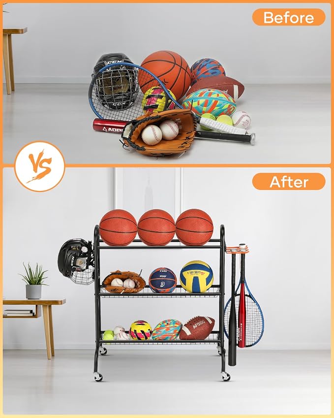 EXTCCT Basketball Rack, Rolling Basketball Shooting Training Stand,Sports Equipment Storage with Wheels, Four-Layer Organizer Holder with Two Basket for Basketballs Footballs Volleyball