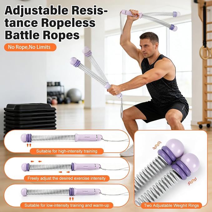 Weighted Ropeless Battle Ropes Adjustable Weight - Portable Cordless Battle Ropes for Home Gym with Workout Poster, Strength Building, HIIT & Low-Impact Cardio Training for Men & Women (Purple)