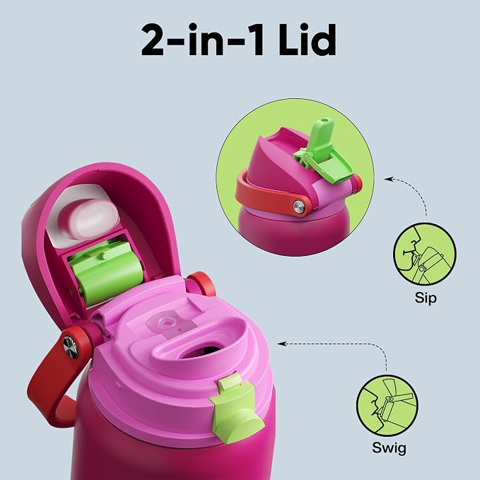 Insulated Water Bottle with Straw - Encool Stainless Steel Water Bottle with Push Button Lid, Leak-Proof & BPA-Free, Keeps Cold for 24 Hours for Sports, Travel, Gym (32 oz, Cerise Pink)