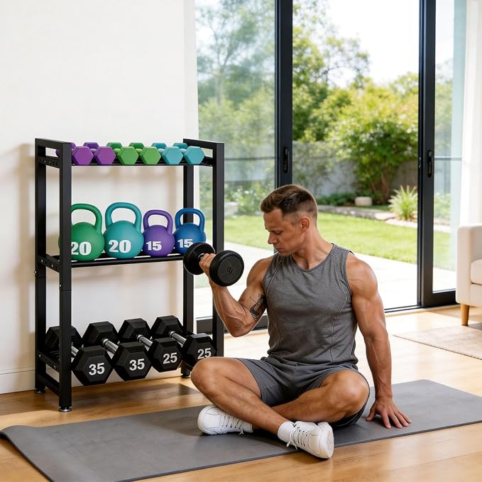 IBUYKE 2 Tier | 3 Tier Dumbbell Rack, Adjustable Weight Rack for Home Gym, Space-Saving Heavy-Duty 300LB | 450LB Capacity Weight Storage Racks for Kettlebells, Dumbbells Equipment Storage, Rack Stand Only