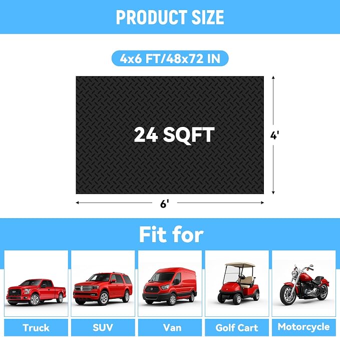 4x6 FT Garage Floor Mat, 2.8mm Thickened Diamond Plate | PVC Flooring Roll for Under Car/Golf Cart/Motorcycle, Garage Mat for Warehouse/Basement/Gyms/Trailer, Tapes Included, Black