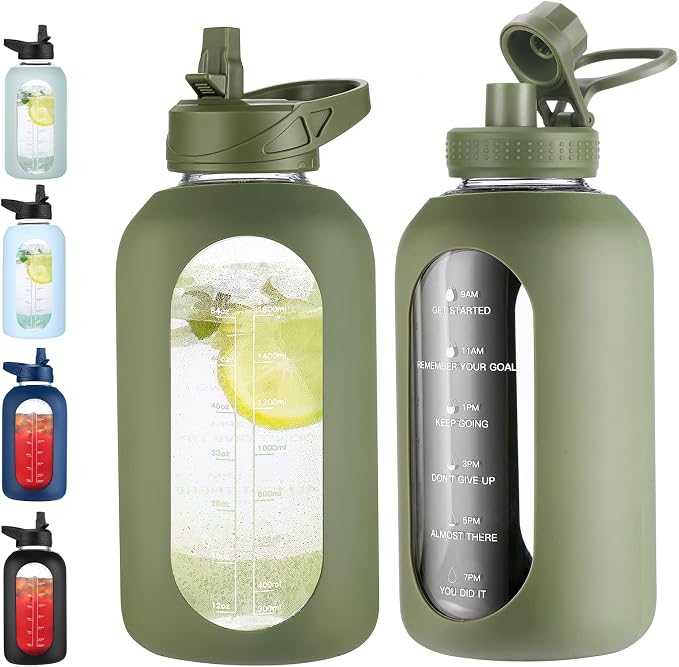 EALGRO 64 oz Glass Water Bottle with Straw, Large Half Gallon Water Jug | Sports Motivational Water Bottle with Time Marker and Silicone Sleeve, Flask Cup with Handle for Travel, Gym, Army Green