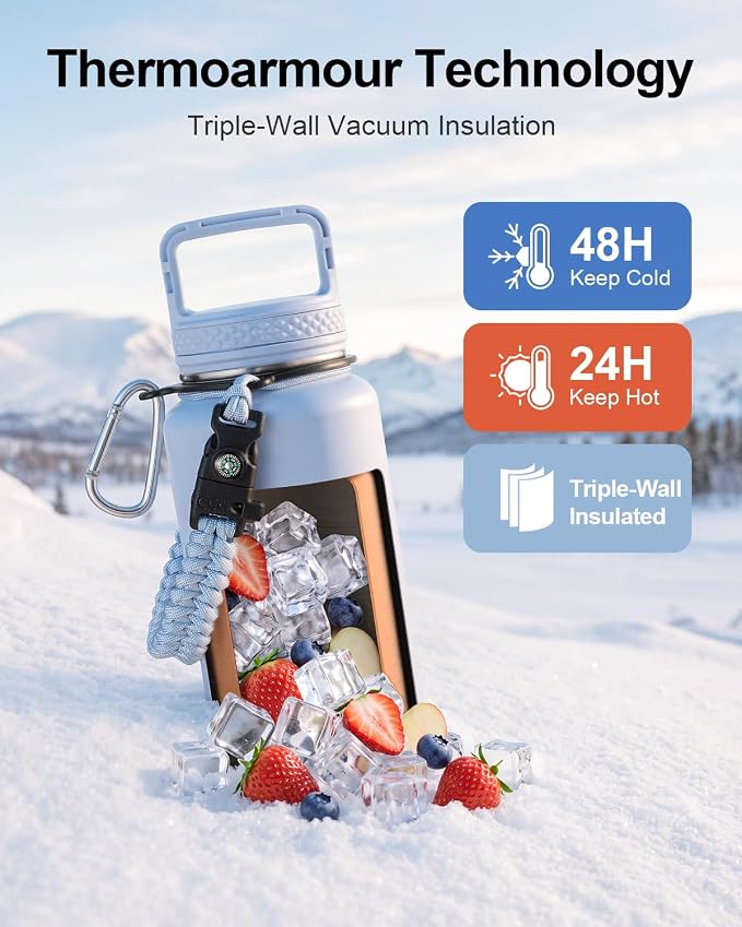 Trebo Water Bottle Insulated 40 oz with 3 Lids, Paracord Handle & Sleeve | Stainless Steel Flask Vacuum, Triple Wall Copper Plated, Dishwasher Safe, Keeps Cold 48Hrs for Hiking, Gym, Wide Mouth