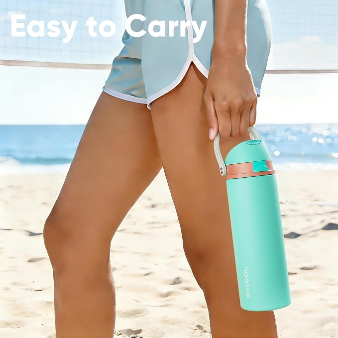 Insulated Water Bottle with Straw - Encool Stainless Steel Water Bottle with Push Button Lid, Leak-Proof & BPA-Free, Keeps Cold for 24 Hours for Sports, Travel, Gym (24 oz, Turquoise)