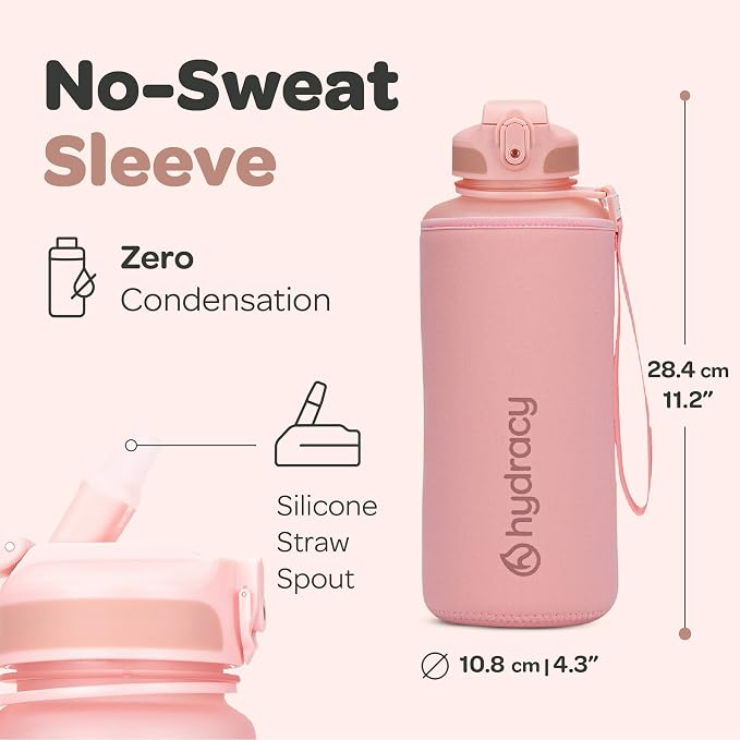 Hydracy 2L Large Water Bottle, Shatterproof, BPA Free Tritan Plastic, Leakproof, Zero Condensation, With Detachable Carry Strap, Spillproof Lid, Convenient Silicon Spout, Ideal for Gym, Yoga | Leakproof,BPA Free,No Sweat Neoprene Sleeve,Carry Strap,Dai...