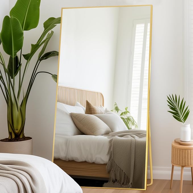 Beauty4U 76" x 34" Full Length Mirror with Stand, Gold Large Floor Mirror | Standing, Leaning, or Wall-Mounted Tempered Glass Full Body Mirror with Metal Frame for Bedroom, Closet, Modern Home Decor