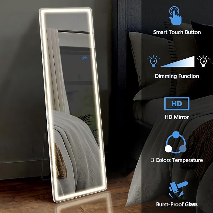 OLIXIS 16"x 60" Full Length Mirror with Lights, LED Body Mirror | with 3 Color Lighting, Wall Mounted Mirrors for Bedroom, Home, Entryway with Tempered Glass