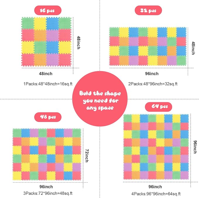 Shihanee Foam Floor Tiles Foam Floor Mats Play Mats Bulk with Borders Interlocking for Bedroom Gym Nursery(11.8 x 11.8 Inch,Colorful)
