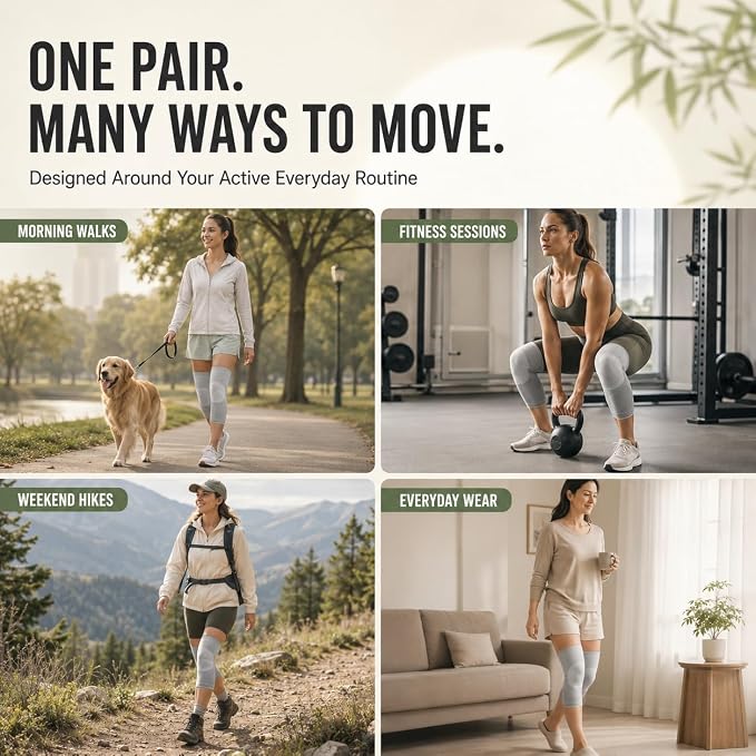 Bamboo Compression Knee Sleeves for Men and Women—Bamboo charcoal blend material provides soothing warmth and joint stability; offers moderate compression, suitable for daily activities