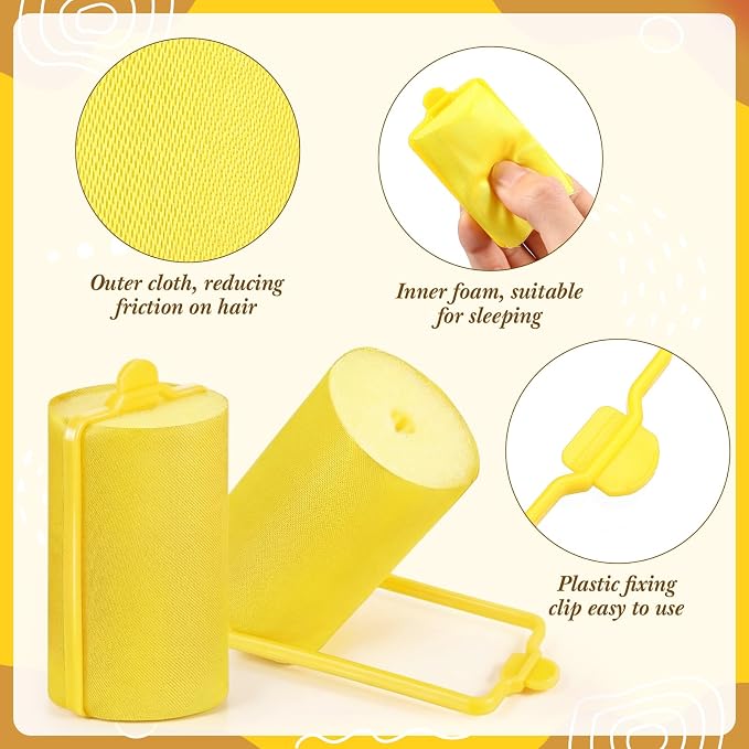 Syhood 18 Pcs Satin Rollers for Black Hair Foam Sponge Rollers Yellow Satin Wrapped Hair Curlers for Hairdressing Styling(1.42 Inch)