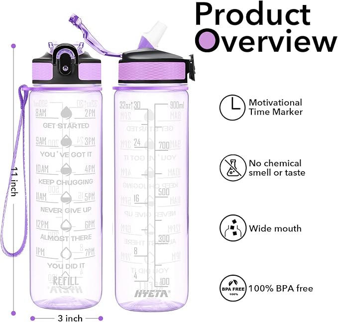 Hyeta Water Bottle with Straw & Time Marker, Plastic 32oz Leakproof | Motivational Tritan BPA Free Gym Office Outdoor Intake Tracker Hourly Reminder Straw Lid Carry Strap