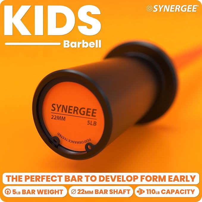 Synergee Kids Barbell – 5 lb Youth Bar in Blue Orange Pink