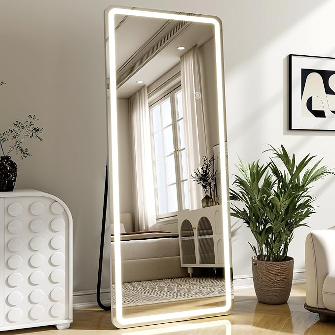 LED Full Length Mirror 71"x 26" - Lighted 3 Color Lighting | Floor Mirror with Dimming & , Mirror Full Size with Round Corner Standing Leaning or Hanging for Bedroom Cloakroom White