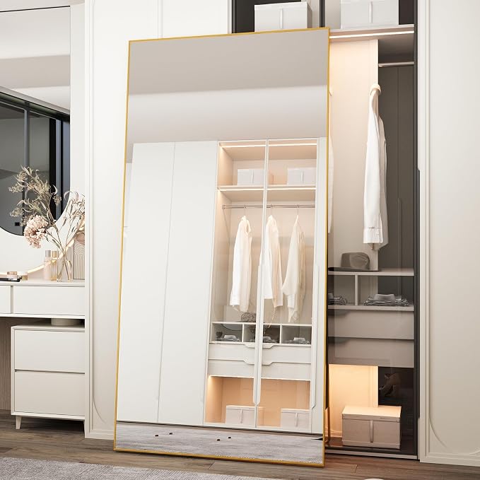 LFT HUIMEI2Y 76.4"x37" Full Length Mirror, Gold Floor Mirror | Tempered Oversized Mirror Full Body with Aluminum Alloy Frame; Standing, Leaning, or Wall Mount for Bedroom, Living Room