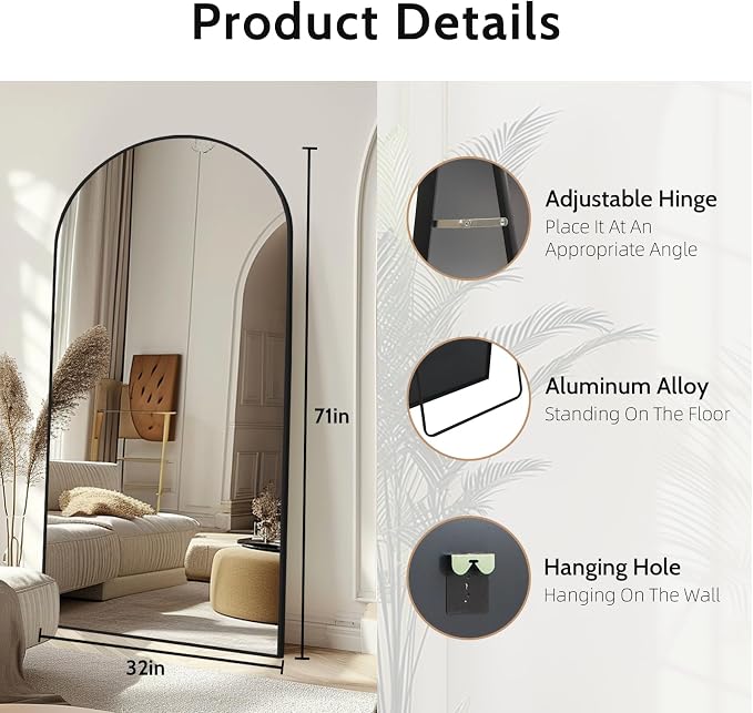 Beauty4U 71" x 32" Arched Full Length Mirror with Stand, Black Floor Mirror | Large Standing, Leaning, or Wall-Mounted Tempered Full Body Mirror with Metal Frame for Bedroom, Closet, Modern Home Decor