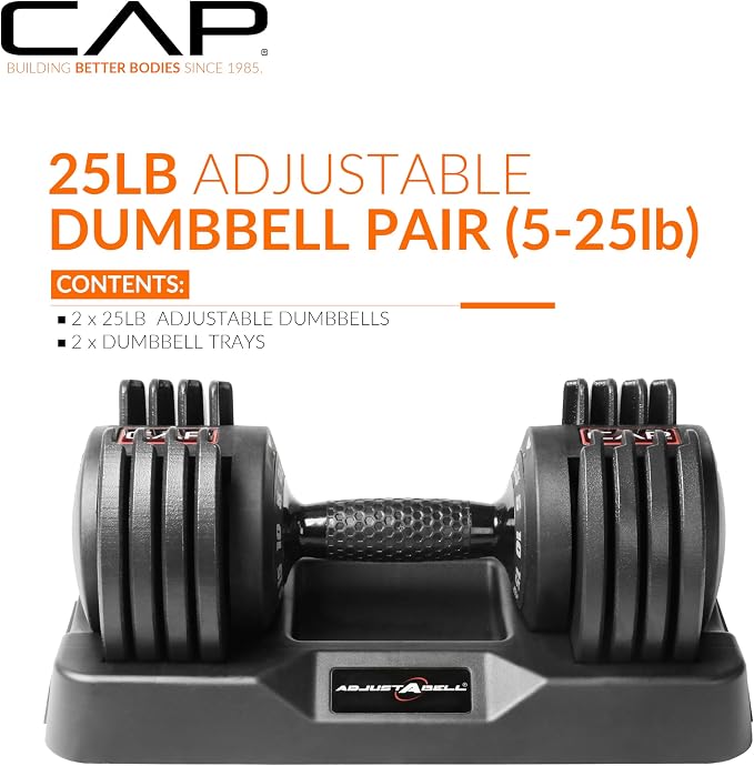 CAP ADJUSTABELL Adjustable Dumbbell Set, Premium Quick Select Adjustable Weights for Strength Training, Singles & Pairs, 12.5 LB, 25 LB & 55 LB, Round & Hex Dumbbells, Multiple Grip Handle Options