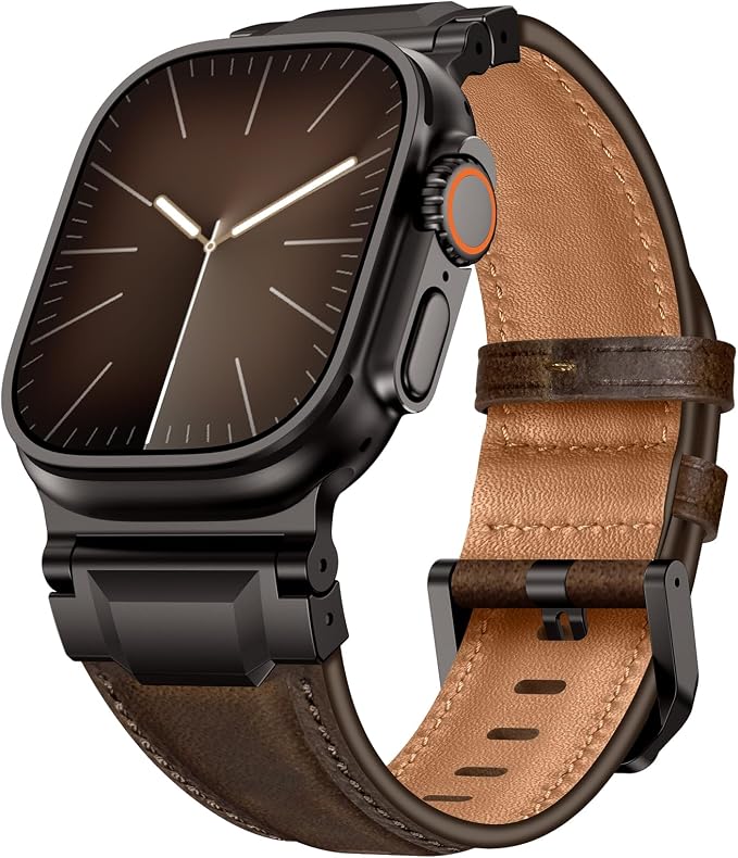 Bands Compatible with Apple Watch Ultra 3/2/1 Band 49/46/45/44mm | Genuine Leather Metal Connector Strap for iWatch Ultra Series 11/10/9/8/7/SE/6/5/4/3/2/1, Dark Coffee Brown/Black