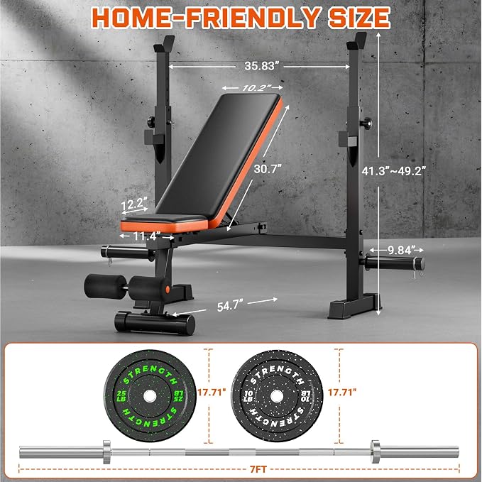 Fostoy Adjustable Weight Bench with Squat Rack & Incline Design | 770LB Heavy Duty, Flat & Incline Positions, Removable Foot Catch, Olympic Bench Press Station, Home Gym Strength Training