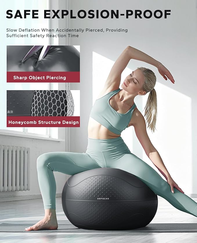 HAPBEAR Exercise Ball- Anti-Burst Slip-Resistant Yoga/Pilates Ball for Core Training & Posture Improvement, Home Gym/Rehab/Pregnancy Ball, Quick Pump & 3 Resistance Bands Included