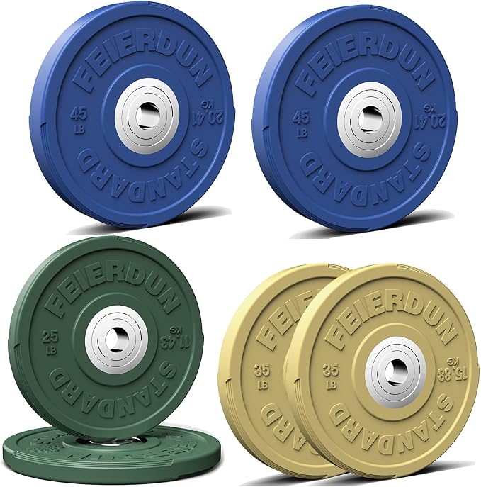 FEIERDUN Color Bumper Plate Set, 2-Inch Olympic Weight Plates, Low Bounce Rubber Barbell Plates with Stainless Steel Insert for Weightlifting, Strength Training, CrossFit & Home Gym, 10LB-370LB