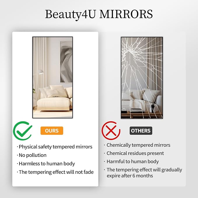 Beauty4U 59" x 16" Full Length Mirror with Stand, Black Floor Mirror | Standing, Leaning, or Wall-Mounted Tempered Glass Full Body Mirror with Metal Frame for Bedroom, Closet, Modern Home Decor