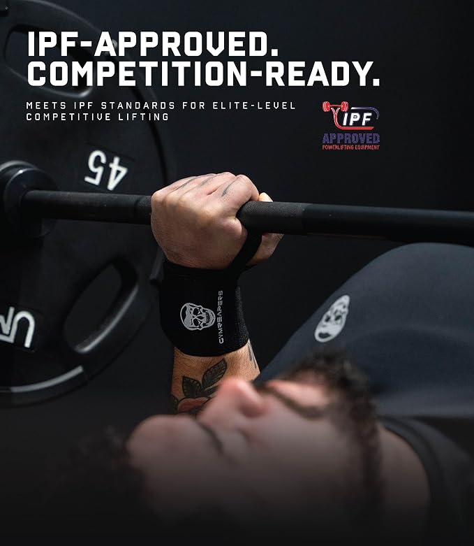Gymreapers Weightlifting Wrist Wraps (IPF Approved) Professional Quality Wrist Support with Heavy Duty Thumb Loop - Best Wrap for Powerlifting Competition, Strength Training, Bodybuilding