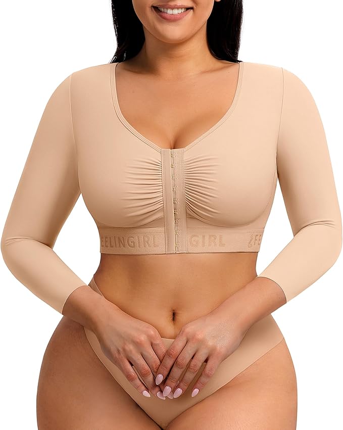 FeelinGirl Arm Compression Sleeve Women Post Arm Lipo Shaper | Front Closure, Compression Bra with Sleeves, Breast Lift, Back Smooth, Post Augmentation Lymphedema Recovery