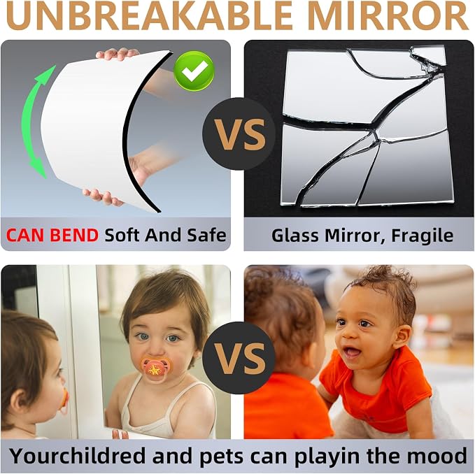 Stick on Small Mirror for Wall Decor, Plastic Non Glass Sticky Kids Safety Toddler Mirrors, 4 Pack 16”x12” Acrylic Mirror Tiles, Shatterproof Mirrors Sheet for Bedroom Closet，Gym Body Mirror's