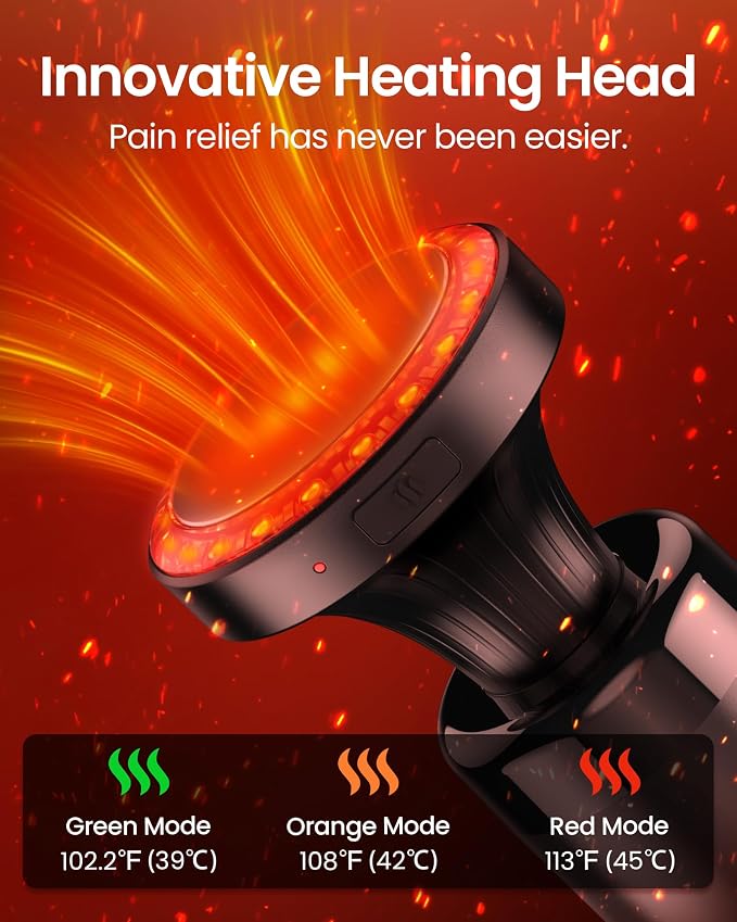 NAPRE Massage Gun with Heat,Massage Gun Deep Tissue with Extension Handle | Handheld Percussion Muscle Massager for Back Neck Pain Relief,3 Adjustable Angles,5 Speeds,6 Heads,Case,Black