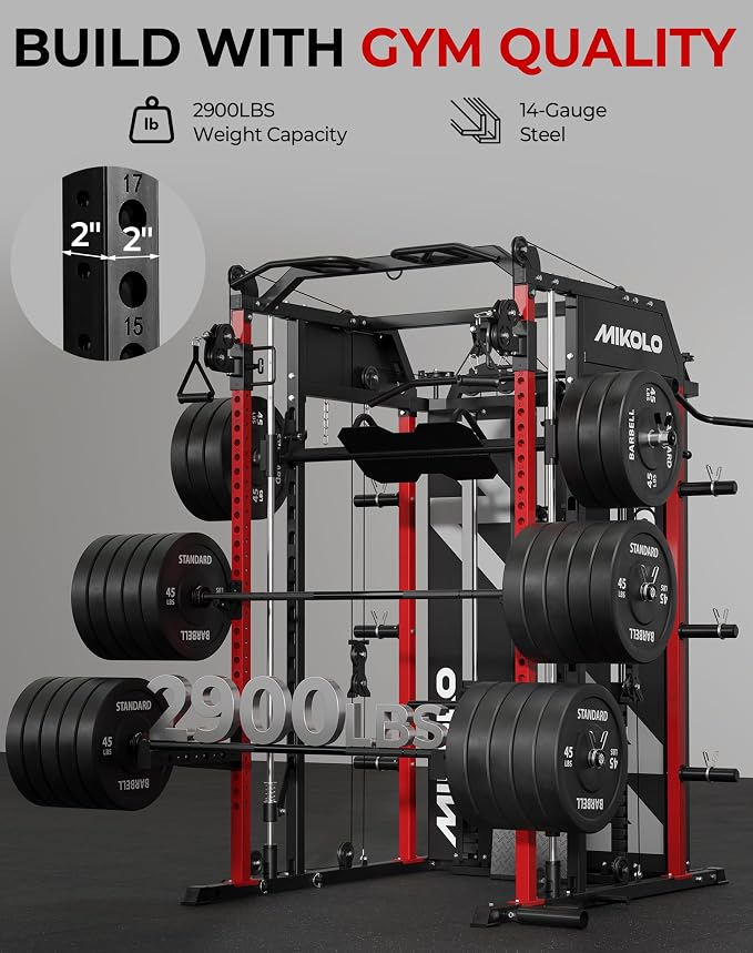 Mikolo Smith Machine with Weight Stack, Power Cage Home Gym System with LAT Pulldown & Cable Crossover, Multi-Functional Trainer with Dual Pulley System, Includes 10+ Free Attachments