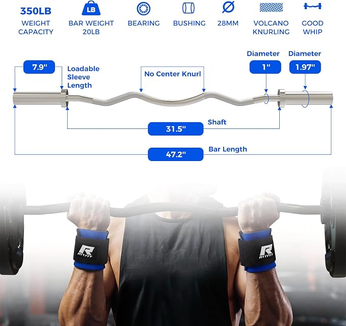 RitFit 2 Inch EZ Curl Bar Olympic Barbell with Weight Plates & Collar | 4FT EZ Curl Bar with 35LB Weight Plates, Collars for Bicep, Tricep Workout, Weightlifting, 350LBS Weight Capacity